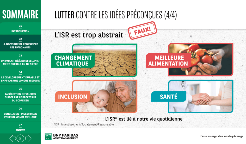 Slide pédagogique BNP Paribas luttant contre les idées reçues sur l’investissement socialement responsable
