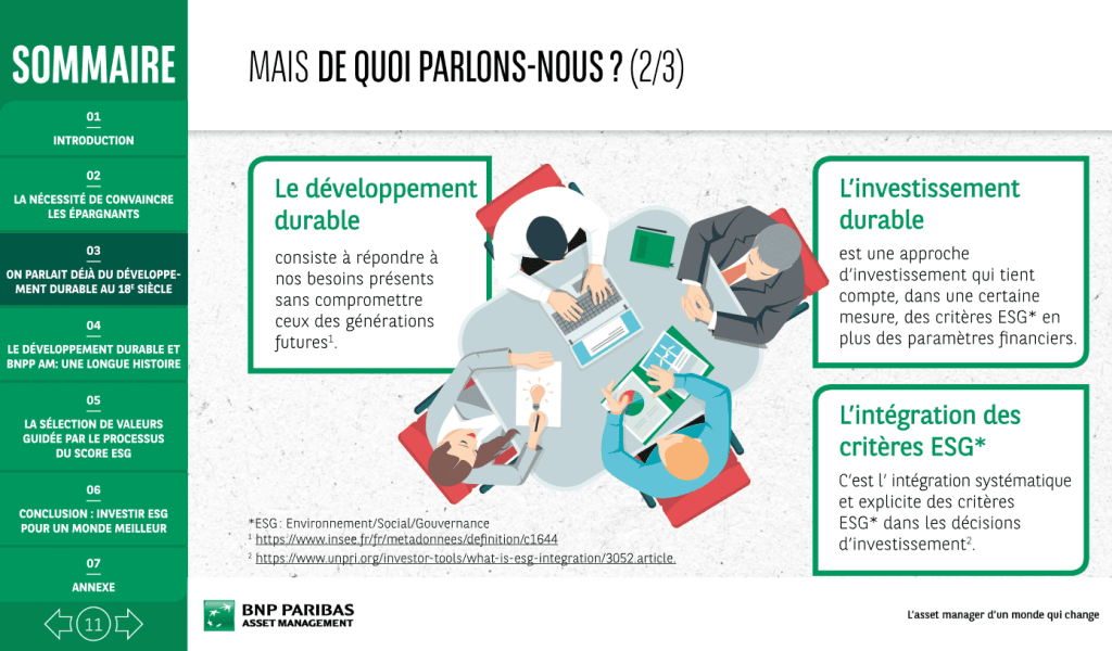 Slide BNP Paribas expliquant le développement durable et l’investissement durable