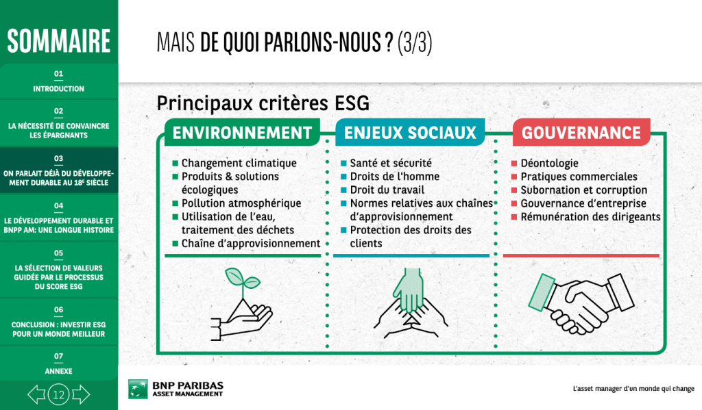 Slide BNP Paribas présentant les critères environnementaux sociaux et de gouvernance