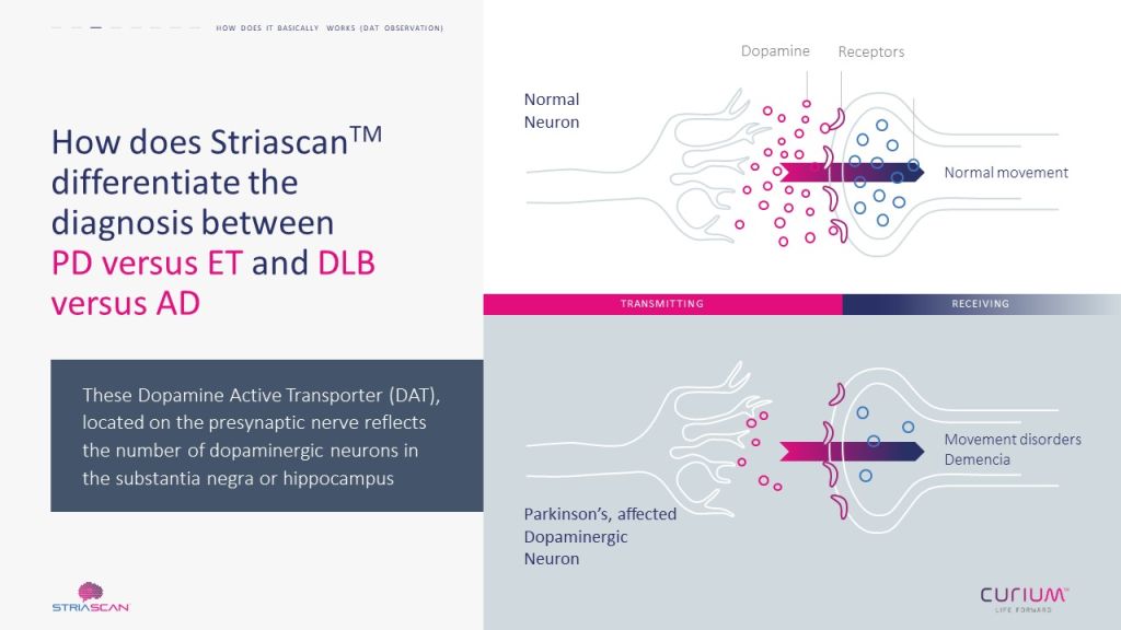 Schéma illustré de la transmission de la dopamine dans une présentation Curium