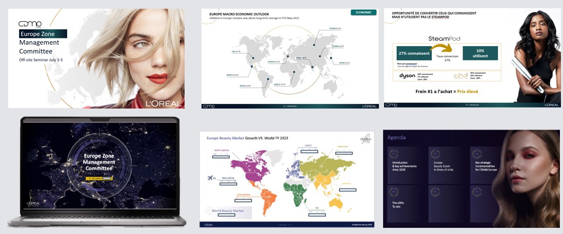 Sélection de slides PowerPoint conçues pour le plan stratégique de L’Oréal