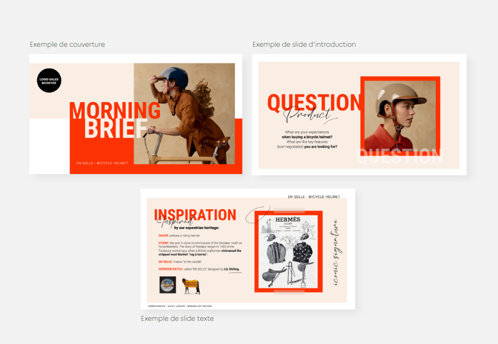 Exemples de slides du premier concept créatif Hermès Sales Booster