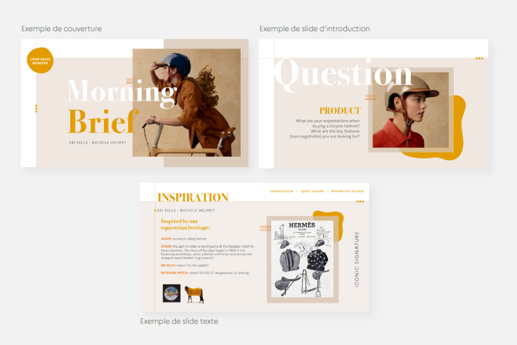 Exemples de slides du deuxième concept créatif Hermès Sales Booster