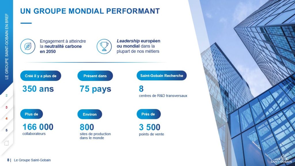 Slide Saint-Gobain présentant les chiffres clés du groupe mondial